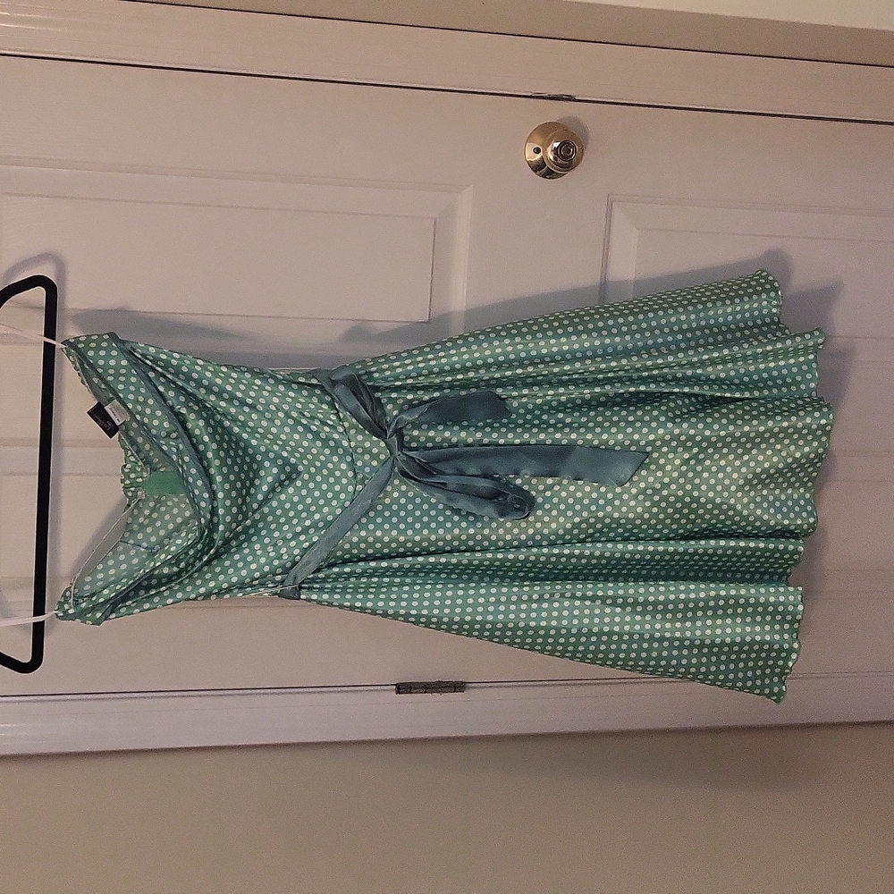 Vintage Fe Fashion Strapless Green Polka Dot Dress w/Tulle Skirt, L